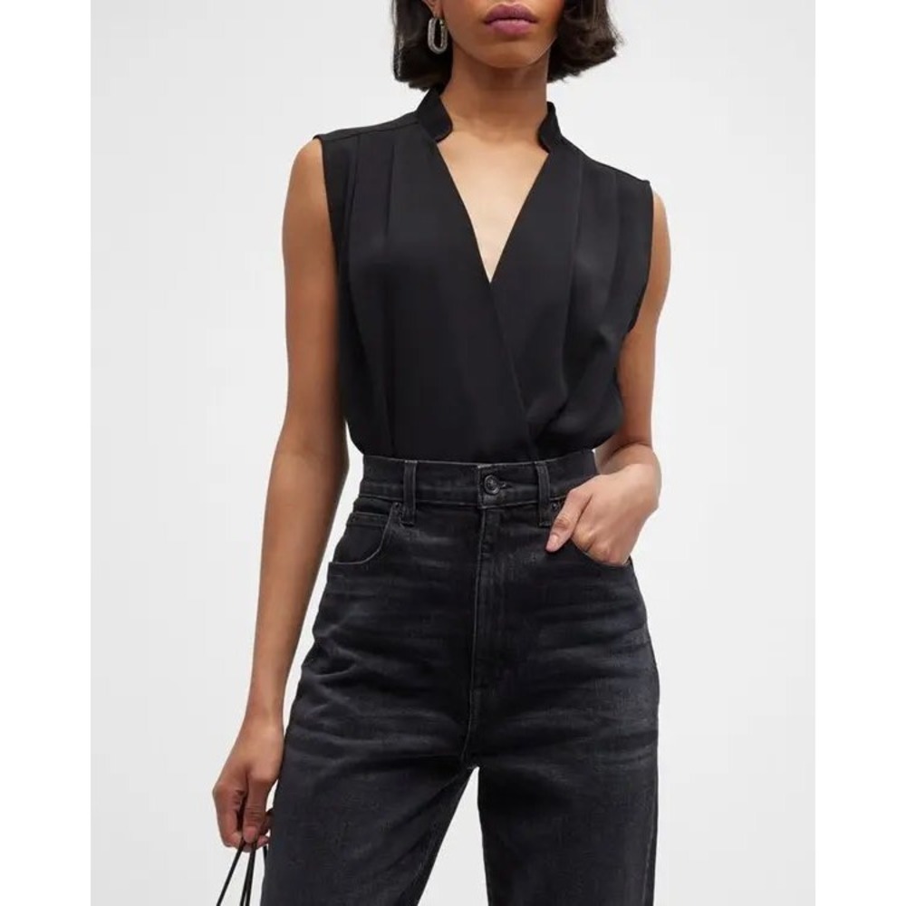 Rag & Bone Black Sleeveless Meredith Draped Tank Top Blouse Pleated V-Neck Sz M